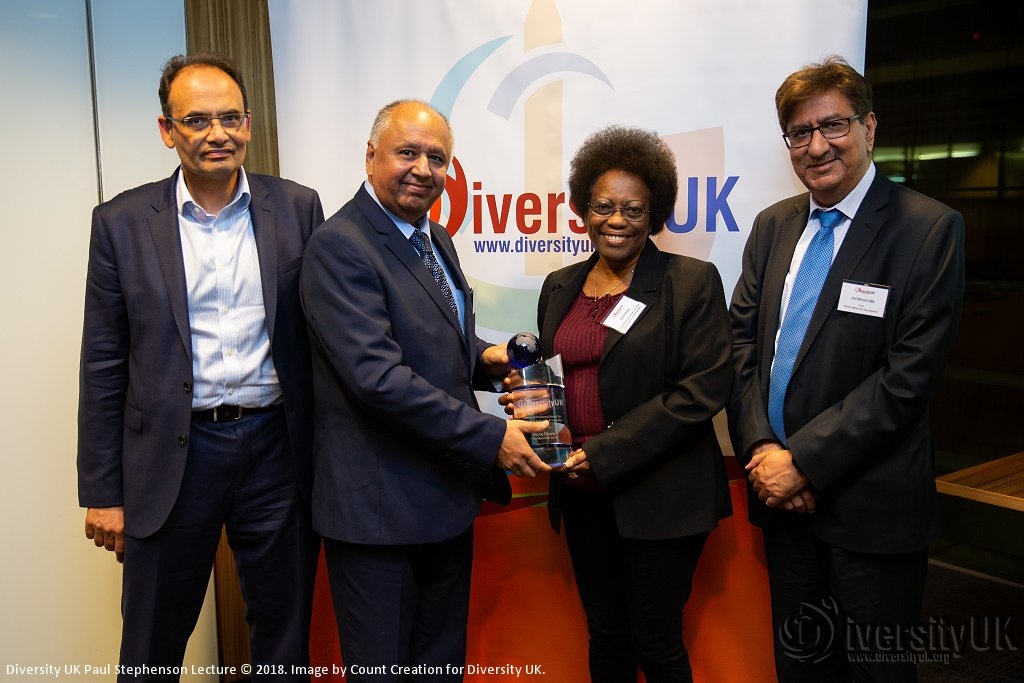 Diversity UK Chairman's Award winner Elaine Sihera with Indraj Mangat, Dilip Joshi MBE, Anil Bhanot OBE