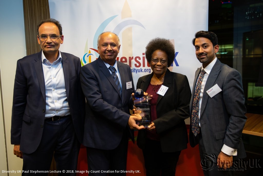Diversity UK Chairman's Award winner Elaine Sihera with Indraj Mangat, Dilip Joshi MBE and Deepesh Upadhyay 