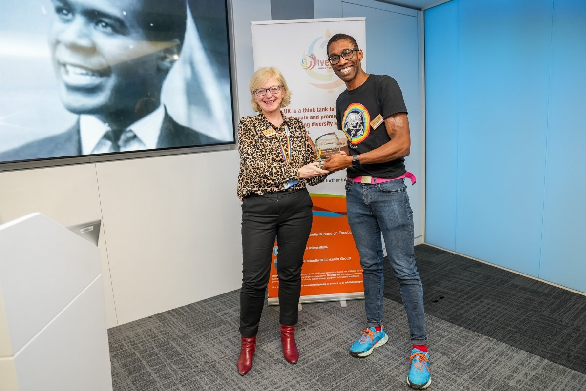 Diversity Champion Award presented to geoscientist Christopher Jackson by Claire Carroll, Partner at Eversheds Sutherland